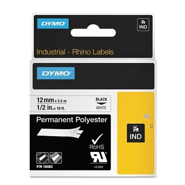 DYMO Industrial Rhino Permanent Polyester Label Cartridge, 1/2 in W x 18 ft L, Black Print on White Background (5 EA / PK)