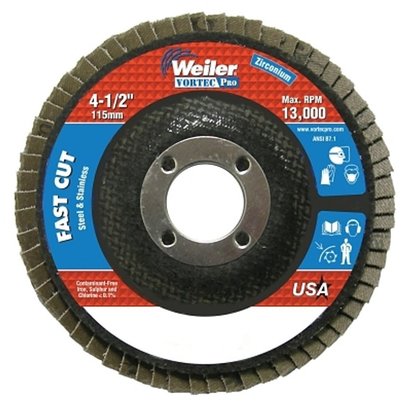 Weiler Vortec Pro Abrasive Flap Disc, 4-1/2 in x 7/8 in, Flat, Phenolic Backing (10 EA / PK)