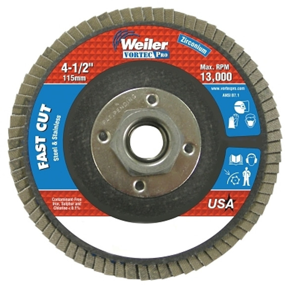 Weiler Vortec Pro Abrasive Flap Discs, 4-1/2 in x 5/5-11 in A, Flat, Phenolic Backing, 8 oz (10 EA / PK)
