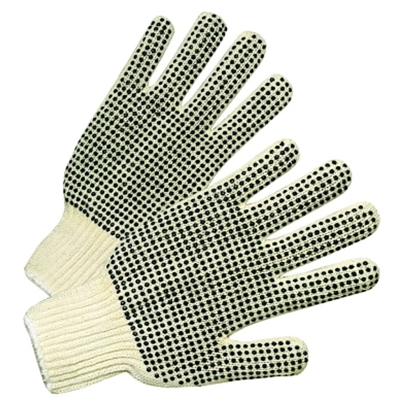 Medium Weight Seamless String-Knit Gloves w/Double-Sided PVC Dot Grips, Men's, Knit Wrist, Natural White/Black PVC Dots (12 PR / DZ)