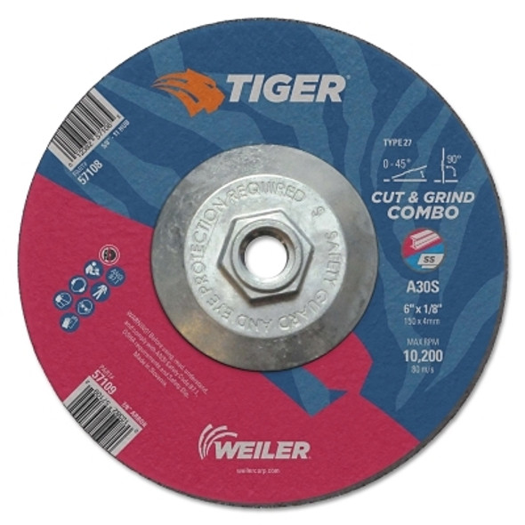 Weiler Tiger Combo Wheels, 6 in Dia., 1/8 in Thick, 24 Grit, Aluminum Oxide (10 EA / BX)