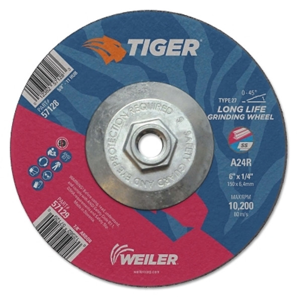 Weiler Tiger Grinding Wheels, 6 in Dia., 1/4 in Thick, 24 Grit, Aluminum Oxide (10 EA / BX)