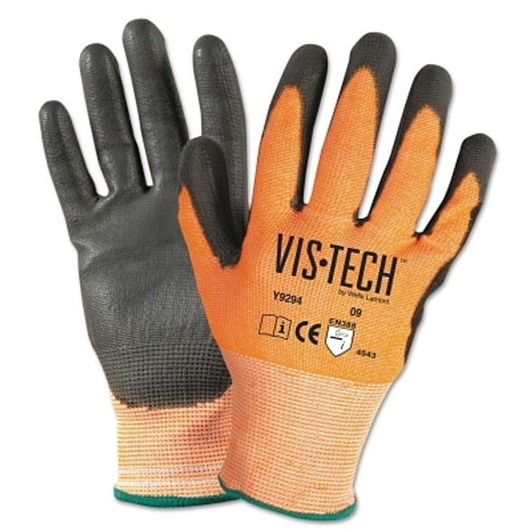 Vis-Tech Cut-Resistant Gloves with Polyurethane Coated Palm, XS, Orange/Black (12 PR / DZ)