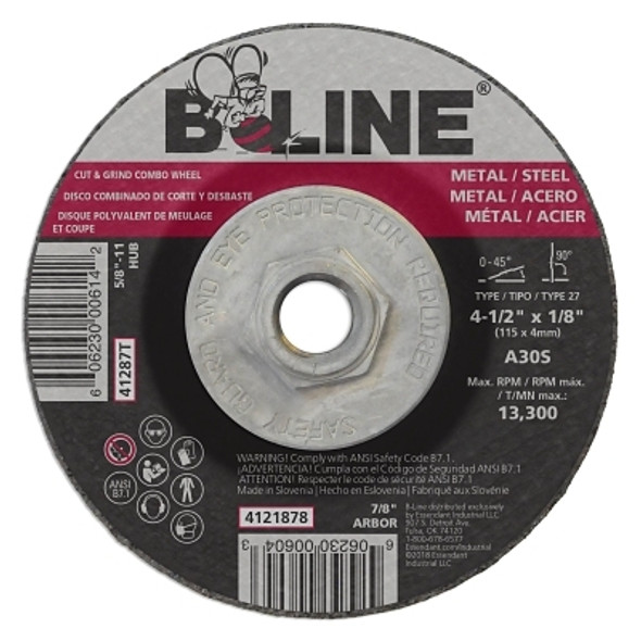 B-Line Abrasives Depressed Center Combo Wheel, 4-1/2 in dia, 1/8 in Thick, 5/8 in-11 Arbor, 30 Grit, Aluminum Oxide (10 EA / PK)