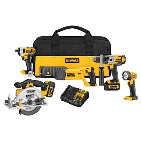 DeWalt 20V MAX* Premium 5-Tool Combo Kit, 20 V, 1/2 in Hammerdrill, 1/4 in Imp Driver, 6-1/2 in Circular Saw, Work light, Recip Saw (1 EA / EA)