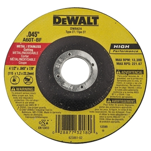 DeWalt HP T27 Metal Cuttiing Wheel, 4-1/2 in dia, 7/8 in Arbor, 13,300 RPM (1 EA / EA)