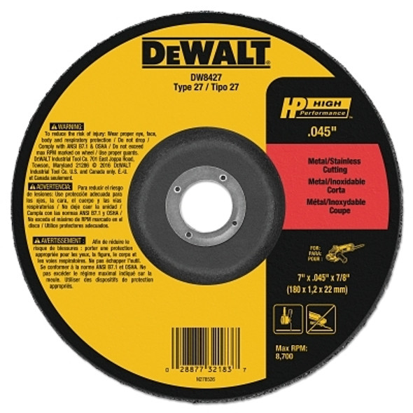 DeWalt HP T27 Metal Cuttiing Wheel, 7  in dia, 7/8 in Arbor, 8.700 RPM (25 EA / BOX)