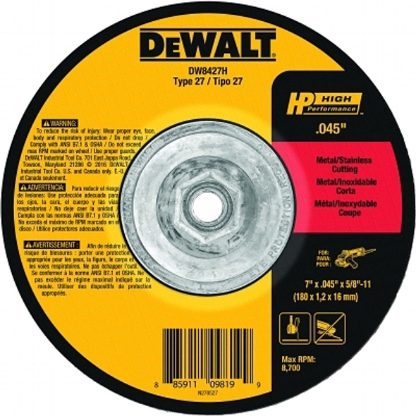 DeWalt HP T27 Metal Cuttiing Wheel, 7 in dia, 5/8 in Arbor, 8,700 RPM (10 EA / BX)