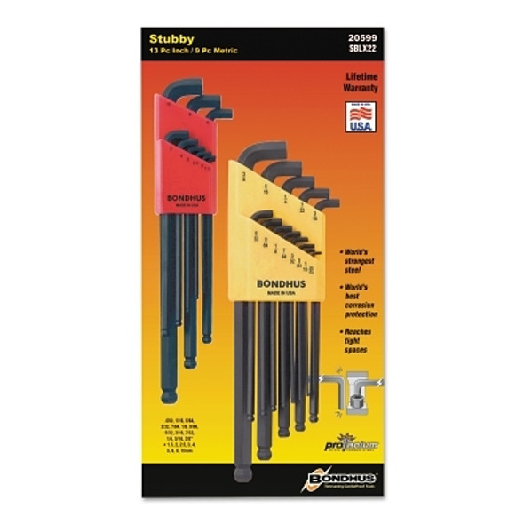 Balldriver Stubby L-Wrench Key Sets, 22 per set, Hex Ball Tip, Inch/Metric (1 ST / ST)
