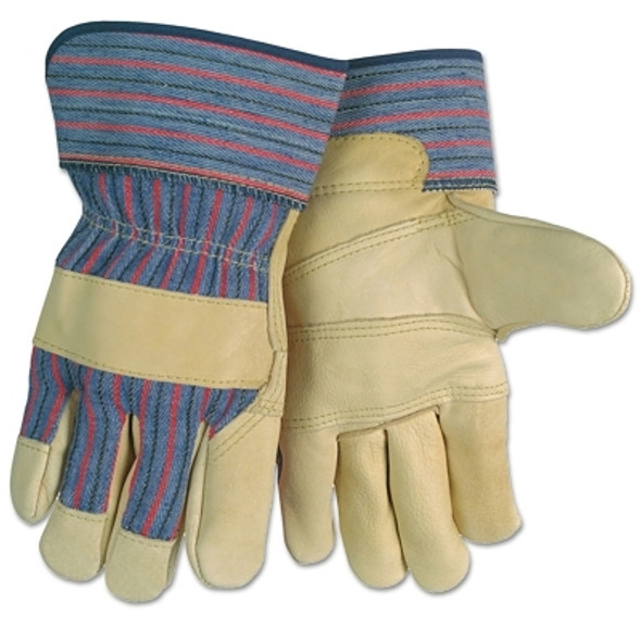 Grain Leather Palm Gloves, Large, Blue/Red/Black Striped Fabric;Beige Leather (12 PR / DZ)