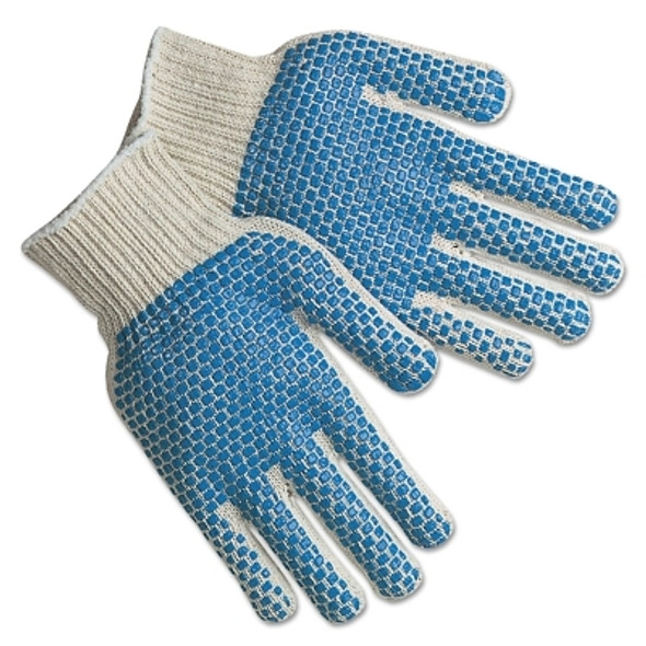 PVC Dot String Knit Gloves, Small, 2-Sided Blocks, Natural/Blue/Yellow (12 PR / DZ)
