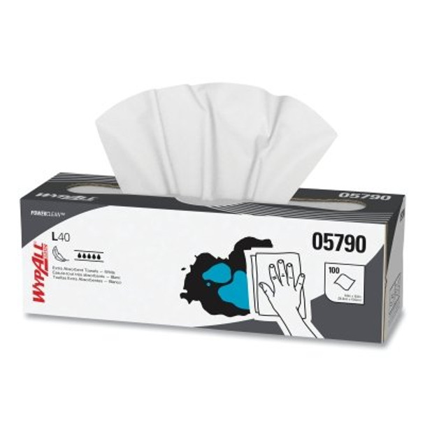 WypAll L40 Towel, White, 16.4 in W x 9.8 in L, Pop-Up Box, 1 Ply, 100 Sheets/BX, 900 Sheets Total (9 BX / CA)