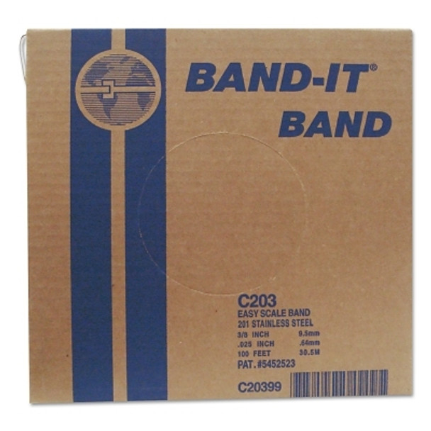 Band-It Stainless Steel Bands, 3/8 in x 100 ft, 0.025 in Thick, Stainless Steel (1 RL / RL)