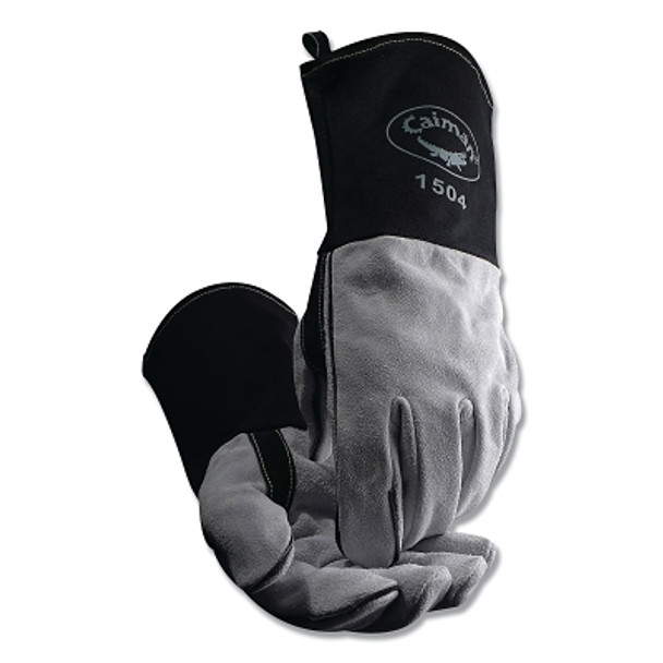 1504 Cow Split Flame Resistant Cotton Cuff MIG/Stick Welding Gloves, Large, Black/White, 4 in Gauntlet Cuff (1 PR / PR)