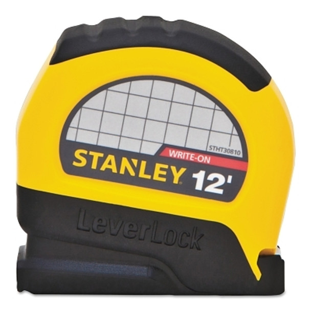 Stanley LeverLock Tape Measure, 1/2 in W x 12 ft L, SAE, Black/Yellow, Stud Markings (4 EA / BX)