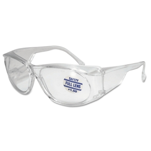 Full-Lens Magnifying Safety Glasses, 1.5 Diopter, Clear Polycarbonate Lens/Tint, Clear Frame (1 EA)