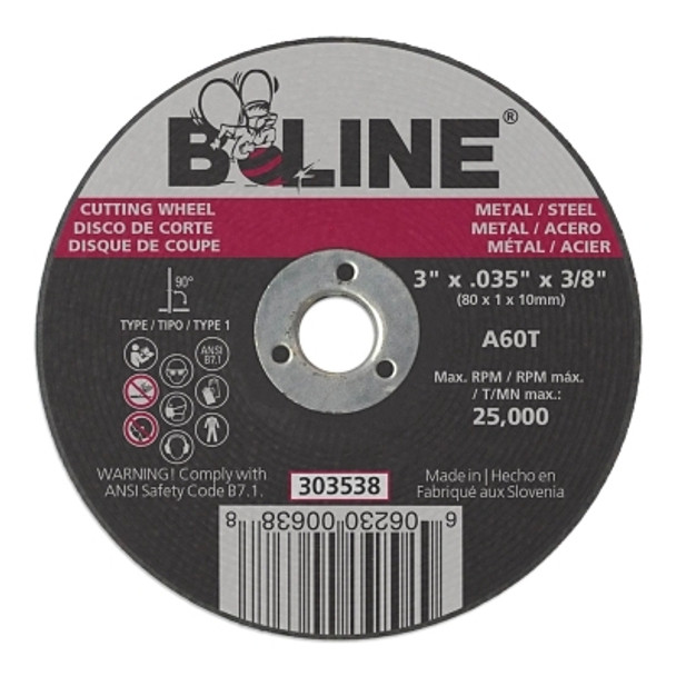 B-Line Abrasives Cutting Wheel, 3 in dia, 0.035 in Thick, 3/8 in Arbor, 60 Grit, Alum Oxide (1 EA / EA)