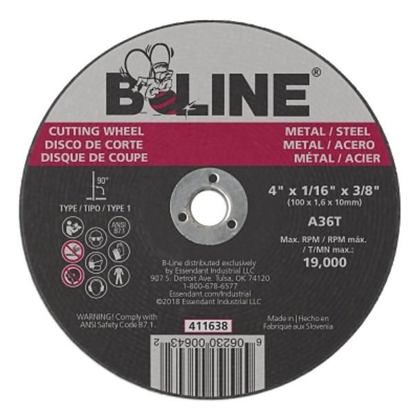 B-Line Abrasives Cutting Wheel, 4 in dia, 1/16 in Thick, 3/8 in Arbor, 36 Grit, Alum Oxide (1 EA / EA)