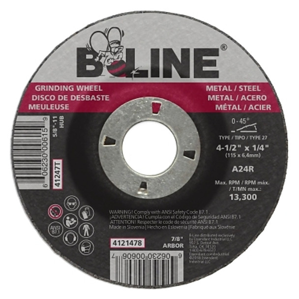 B-Line Abrasives Depressed Ctr Grinding Wheel, 4-1/2 in dia, 1/4 in Thick, 7/8 in Arbor, 24 Grit (10 EA / PK)