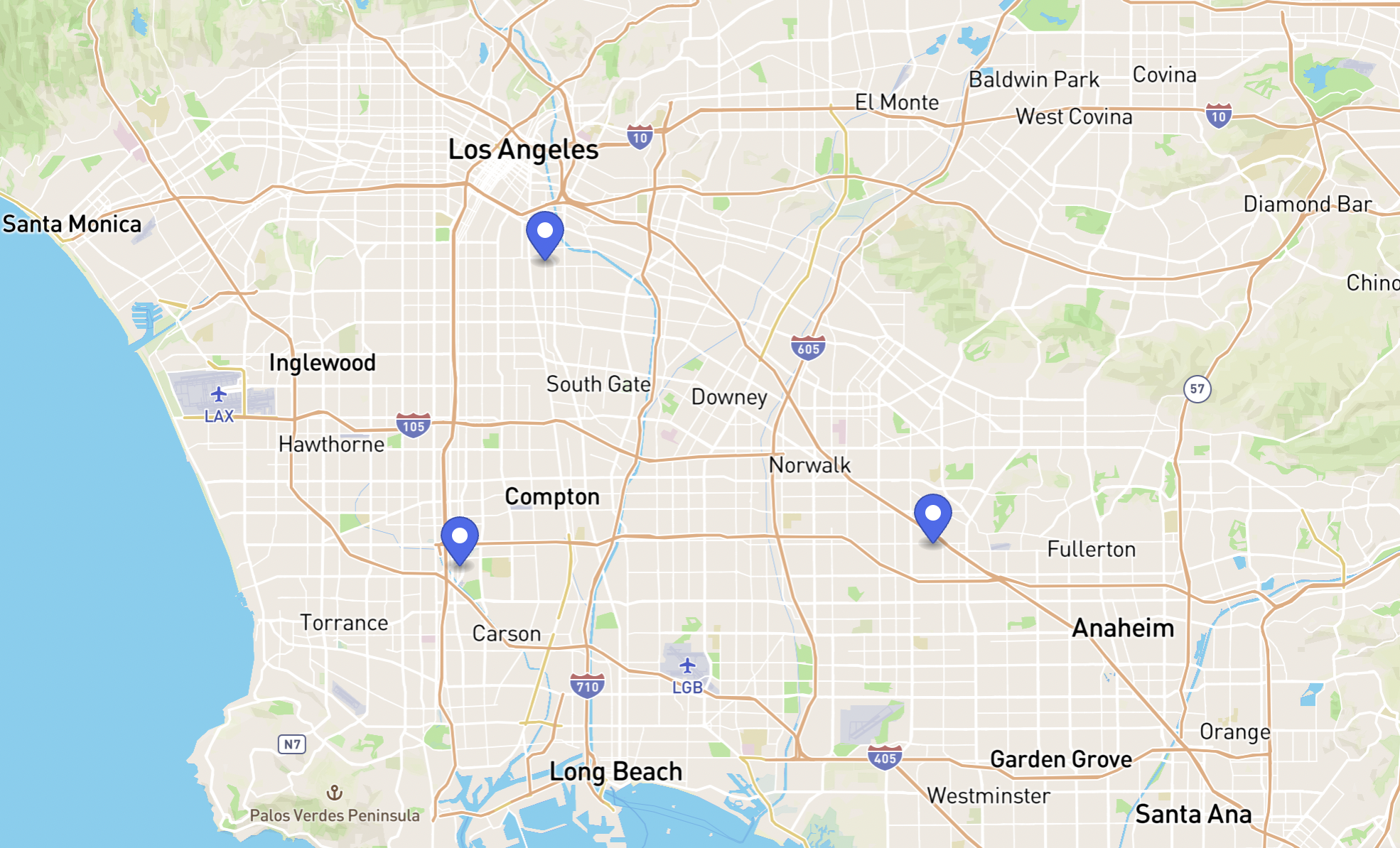 Map showing Gardena, La Mirada, and Vernon locations
