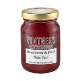 Vintner’s Favorites Strawberry & Pinot Noir Jam - A 5 oz jar of jam with a deep ruby-red hue, nestled in elegant packaging that evokes warmth and artisan charm. The texture is lush and glossy, speckled with real fruit, signaling its handcrafted quality. A true showstopper for cheese boards, brunch spreads, or gourmet gifts.
