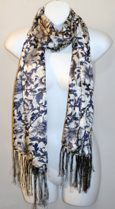 Long 100% Silk Charmeuse Scarf - Blue Porcelain Print 