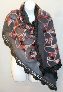 Women's Large Grey Winter Wool Shawl Scarf - Black Felted Wool Embroidery Trim 