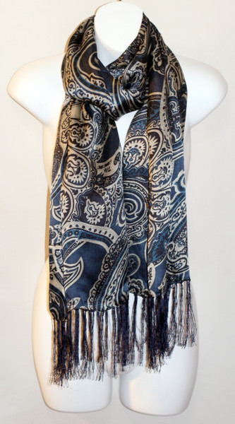 Women's Long 100% Silk Charmeuse Scarf - Blue Paisley Print