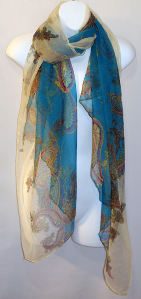 Large 100% Silk Chiffon Scarf - Resort - Blue Paisley Print 