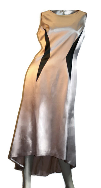 Women's Silk High-Low Geometric Dress Beige Sleeveless Front