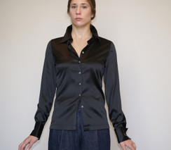 Model Wearing 
Long Sleeve French Cuff Blouse - Black Stretch Silk

