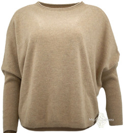 Cashmere Sweater Dolman Ribbed Sleeve Camel - Front