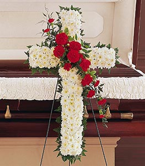 White Floral Cross With Red Carnation Cluster