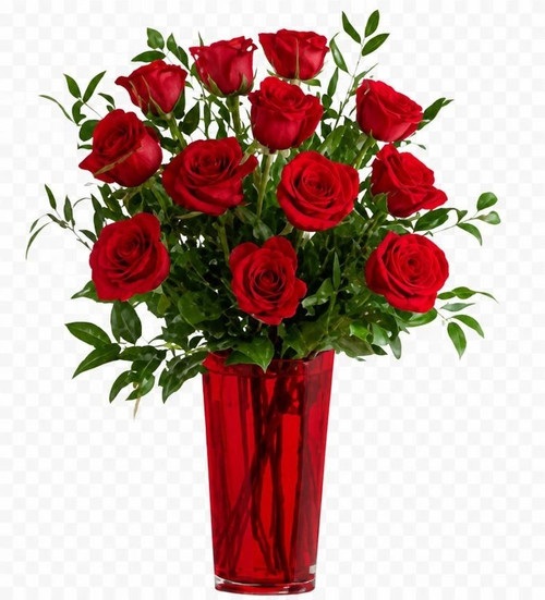 Blooming Love - 12 Fancy Red Roses in Red Vase