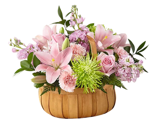 Let them know how much you care with a gorgeous bouquet that features carnations, stock, roses, lilies and Fuji mums. Each bloom is a thoughtful reminder of your support and love, while sitting in a beautifully crafted basket. The Standard Bouquet is approximately 14"H x 19"W.