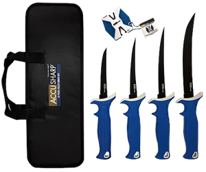 AccuSharp 737C Knife Kit  4.75/5.50/6.50/8" Fixed Fillet Plain Satin Stainless Steel Blade/ Blue Non-Slip Grip TPR Handle Includes 2-Step Sharpener                                                     