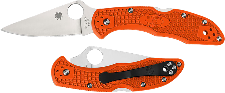 Spyderco C11FPOR Delica 4 Lightweight 2.88" Folding Plain Satin VG-10 SS Blade/Orange Bi-Directional Texturing FRN Handle Includes Pocket Clip                                                          