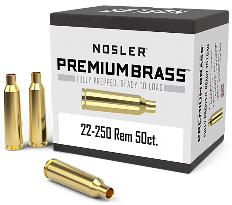 Nosler 10065 Premium Brass Unprimed Cases 22-250 Rem Rifle Brass/ 50 Per Box                                                                                                                            