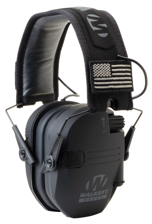 Walker's GWPRSEMPAT Razor Patriot Slim Electronic Muff 23 dB Over the Head Black w/Flag Patch Polymer                                                                                                   