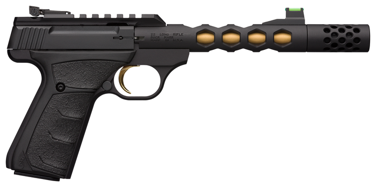 Browning 051573490 Buck Mark Plus Vision SR 22 LR 10+1 5.87" Black Anodized/Gold Cerakote/SR/Threaded Barrel, Matte Black Serrated Steel/Optic Ready Slide & Aluminum Frame Black Ultragrip FX Grip     
