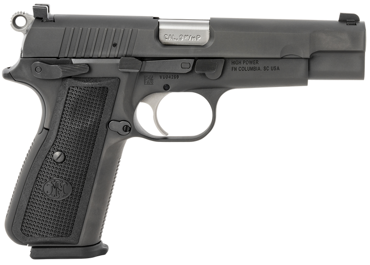 FN 66100256 High Power  9mm Luger 17+1, 4.70" Black Target Crown Steel Barrel, Black PVD Serrated Steel Slide & Steel Frame w/Beavertail, Black Textured Polymer Grip, Ambidextrous                     