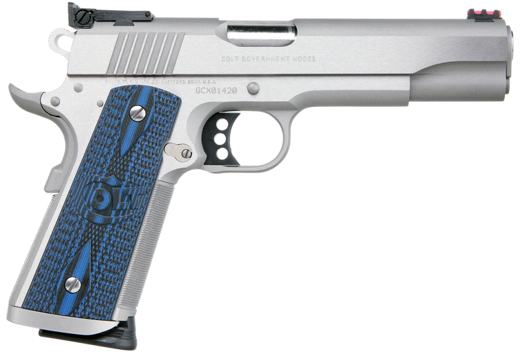 Colt Mfg O5072XE Gold Cup Trophy 9mm Luger 9+1 5" Steel Barrel,  Stainless Steel Serrated Slide & Frame w/Beavertail, Competition Blue G10 Grips, Ambidextrous                                          