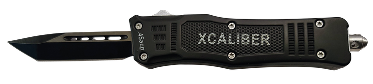 Xcaliber Knife Company  45 ACP  Small 2.75" OTF Tanto Plain Black 440C SS Blade, 3.91" Steel Handle                                                                                                     