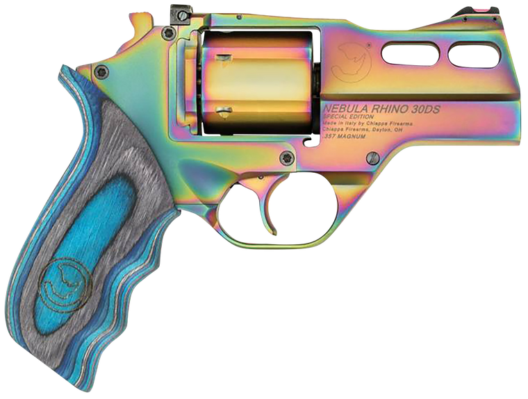 Chiappa Firearms 340319 Rhino 30DS Nebula 357 Mag 6 Shot, 3" Rainbow PVD Steel Vent Rib Barrel & Cylinder, Rainbow PVD Aluminum Frame, Blue Laminate, Grip Exposed Hammer                               