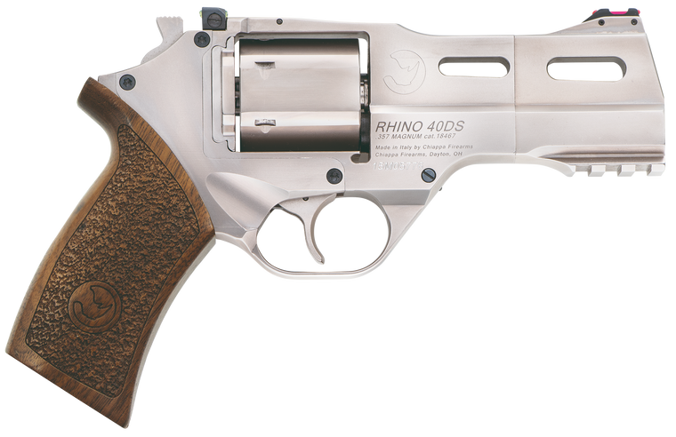 Chiappa Firearms CF340245 Rhino 40SAR *CA Compliant Medium Frame 357 Mag 6 Shot, 4" Nickel-Plated Steel Barrel & Cylinder, Nickel-Plated Aluminum Frame w/Picatinny Rail, Walnut Grip, Concealed Hammer 