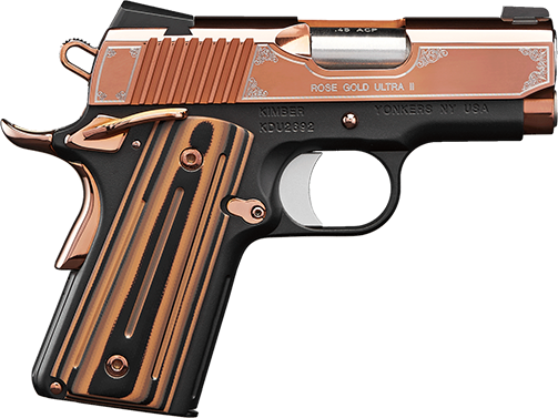 Kimber Mfg, Inc 3200372 Ultra II  9mm Luger 8+1 3" Stainless Match Grade Barrel, Engraved Rose Gold PVD Serrated Stainless Steel Slide, Kimpro II Black Aluminum Frame w/Beavertail, G10 Grip           