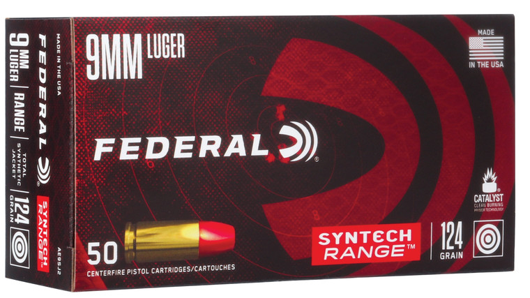 Federal AE9SJ2 American Eagle Syntech Range  9mmLuger 124gr Total Syntech Jacket Flat Nose 50 Per Box/10 Case                                                                                           