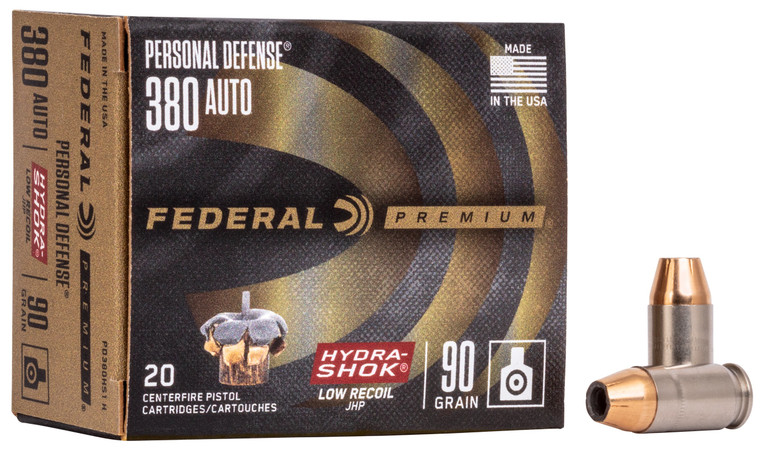 Federal PD380HS1H Premium Personal Defense Low Recoil 380ACP 90gr Hydra-Shok Jacketed Hollow Point 20 Per Box/10 Case                                                                                   