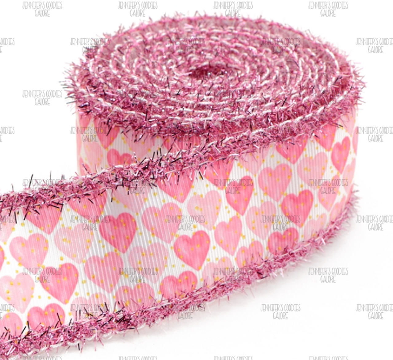 Valentine Ribbon, Tinsel Ribbon, Wired Ribbon, Holiday Ribbon, Pink Hearts  Ribbon, Wreath Ribbon, Wholesale Ribbon, PER YARD