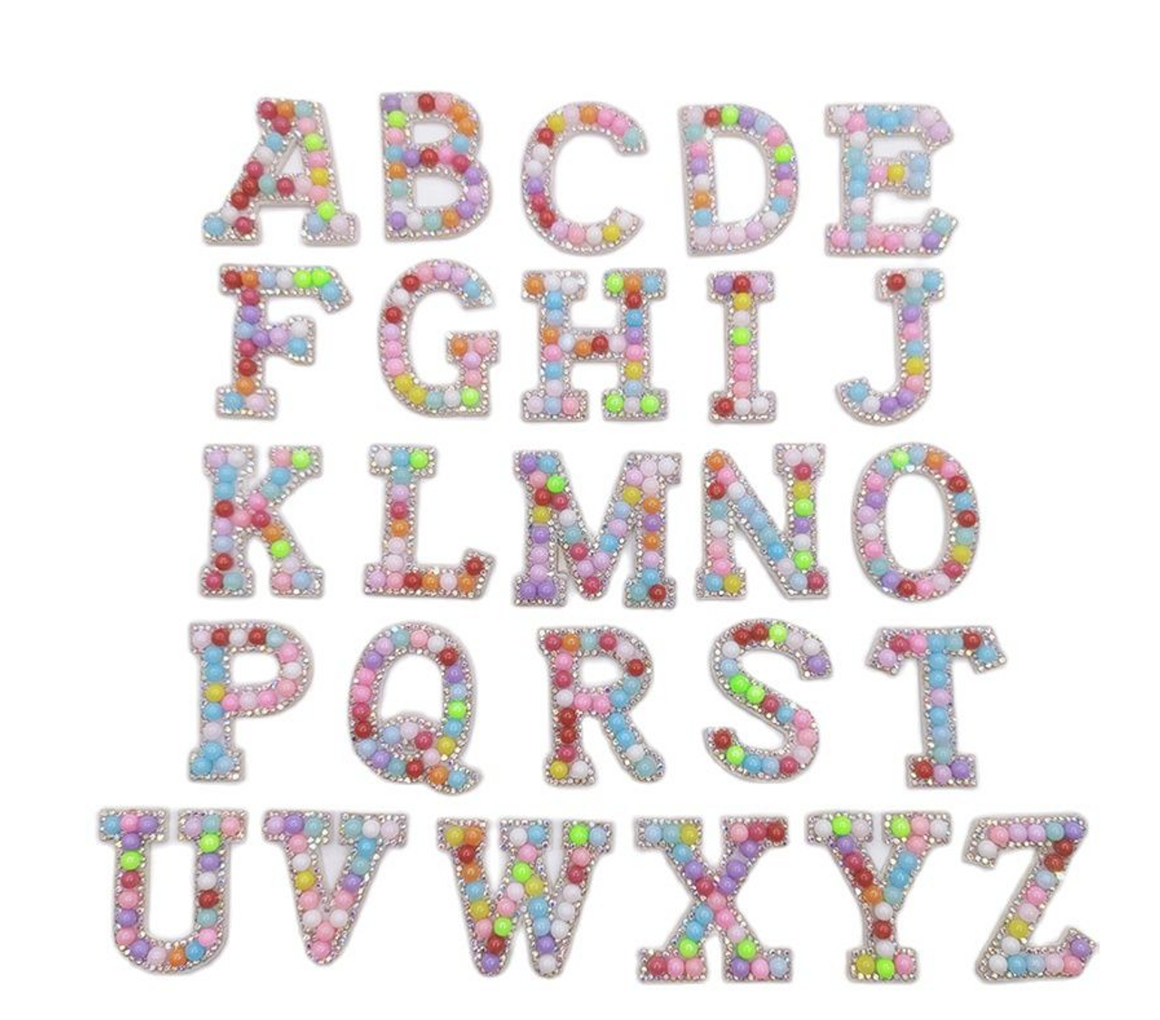 2, Elegant Pastel Pearl Letter Patches with Rhinestone Accents, Iron/Glue/ Sew on Letters, Alphabet Letter Patches, Colorful Beads, Letter appliques,  1 piece - Jennifer's Goodies Galore